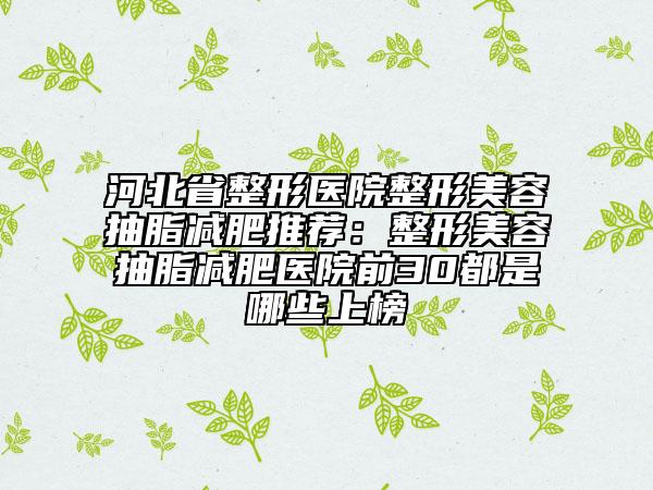 河北省整形医院整形美容抽脂减肥推荐：整形美容抽脂减肥医院前30都是哪些上榜