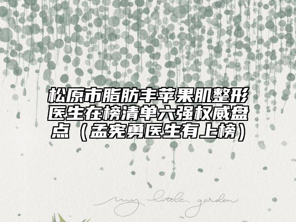 松原市脂肪丰苹果肌整形医生在榜清单六强权威盘点（孟宪勇医生有上榜）